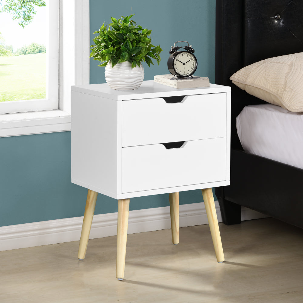 Side Table,Bedside Table with 2 Drawers and Rubber Wood Legs, Mid-Century Modern Storage Cabinet for Bedroom Living Room, Black