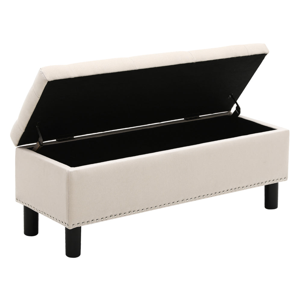 Storage Ottoman Bench with Wood Legs, Upholstered Bedroom Bench with Button-Tufted, Storage Bench with High-density Resilient Sponge Rivet Design for Bedroom, Linen, Beige