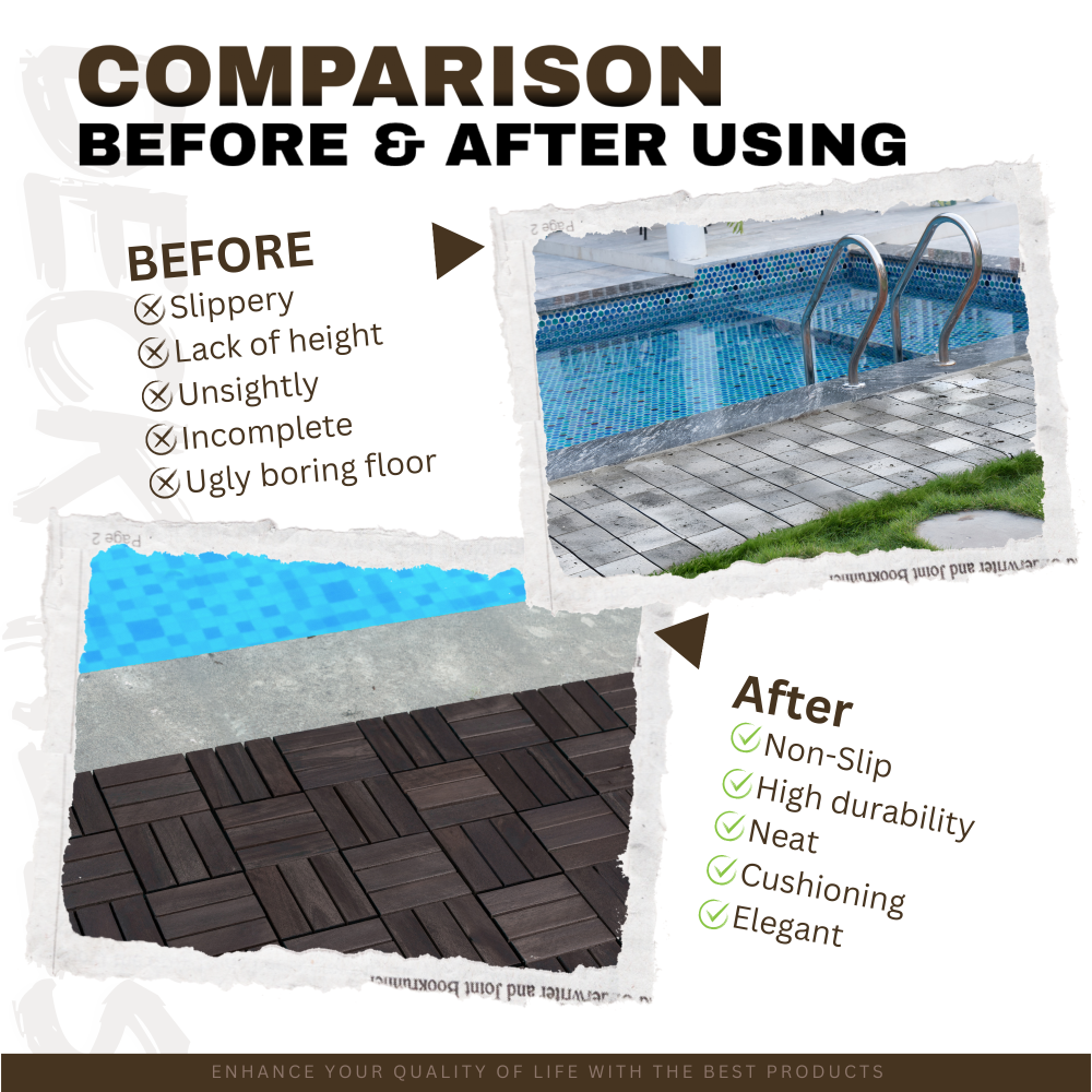 Acacia Wood Interlocking Deck Tiles Checker Pattern, 30 PCS 12" x 12" Dark Brown Square Acacia Hardwood Outdoor Flooring for Patio, Bancony, Pool Side,...