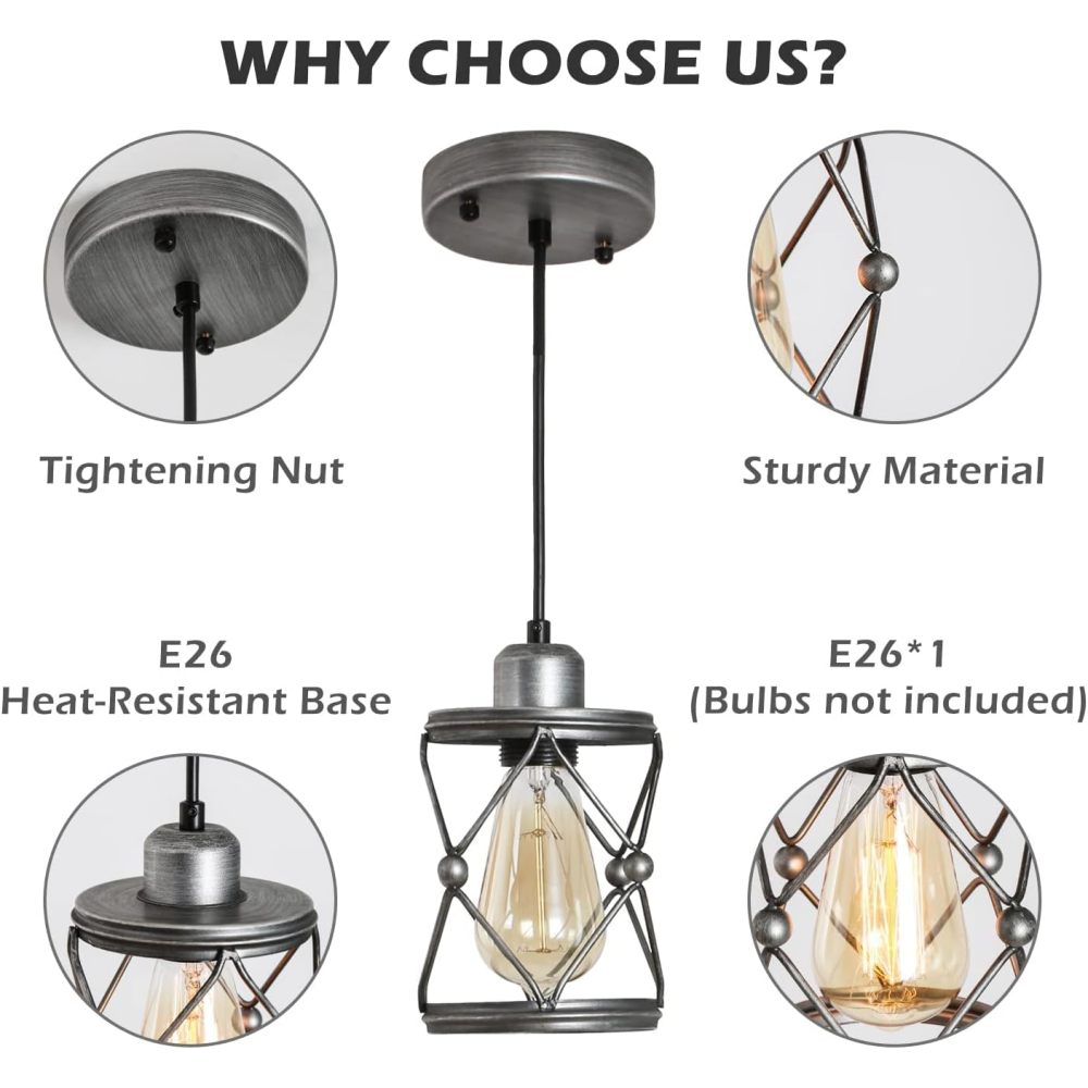 Industrial Pendant Lighting for Kitchen Island, Rustic Mini Cage Pendant Light, Farmhouse Pendant Lamp with Silver Grey Adjustable for Dining Room, Hallway, Entryway, Bedroom