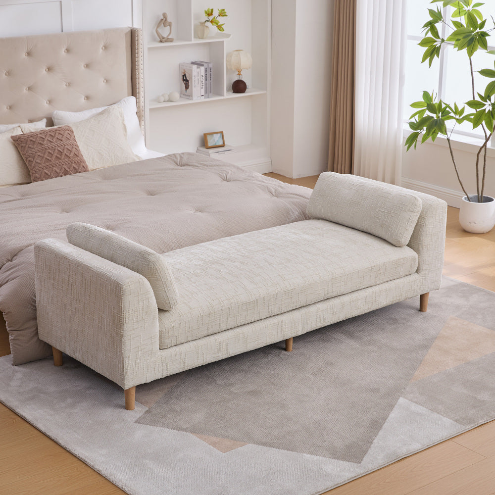 83.1"Wide Modern Upholstered End of Bed Bench with Armrests, Chenille Chaise Lounge Couch with 2 Bolster Pillows, Daybed with Rubberwood Legs For Living Room,Bedroom,Apartment,Guestroom, Wheat