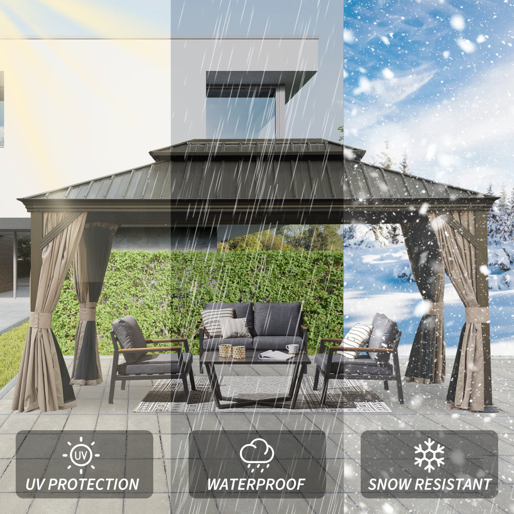 12' X 16' Hardtop Gazebo, Upgraded Metal Gazebo with Drainage System, Dual-Layer Galvanized Steel Roof, Curtain and Netting, Outdoor Shelter Canopy for Patio, Garden, and Backyard, Brown