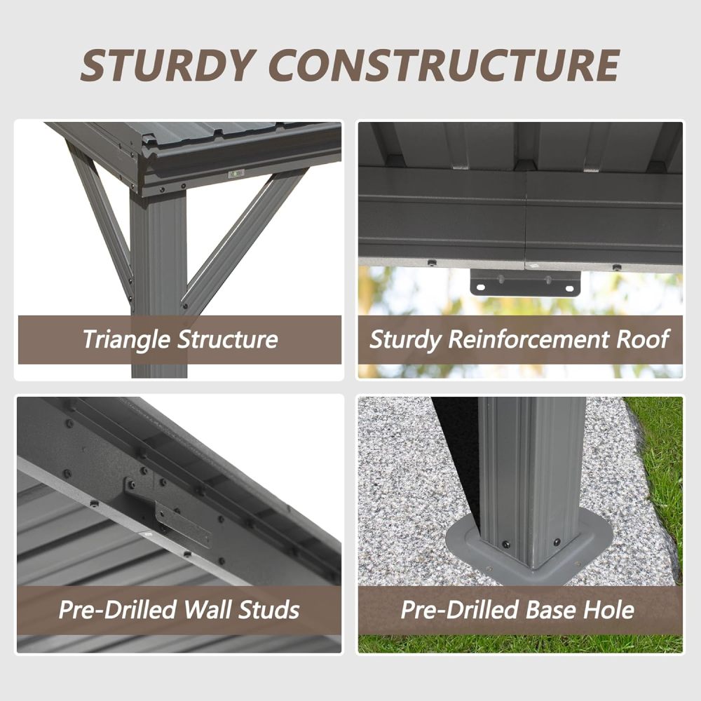 8'x 8' Lean to Gazebo with Upgraded Drainage System, Wall Mounted Gazebo Hardtop Galvanized Steel Sloping Roof for Patio Deck Backyard Lawn Party(Gray)