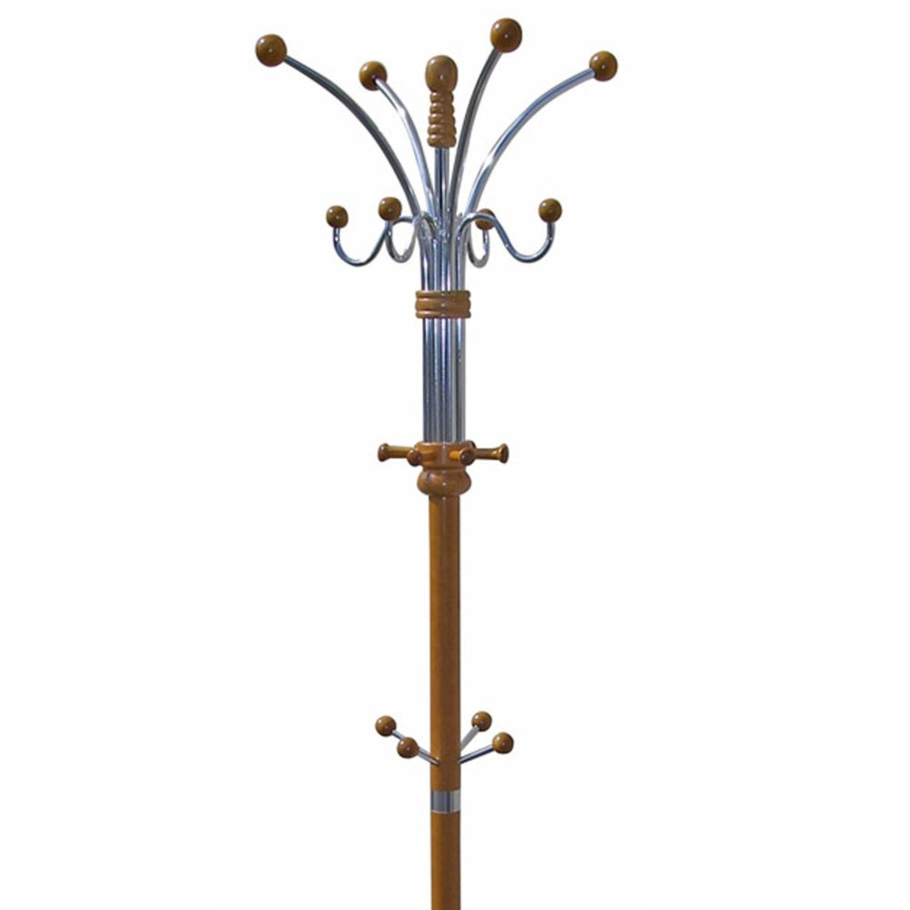 73" Tall Chrome and Wood Coat Rack, Oak finish