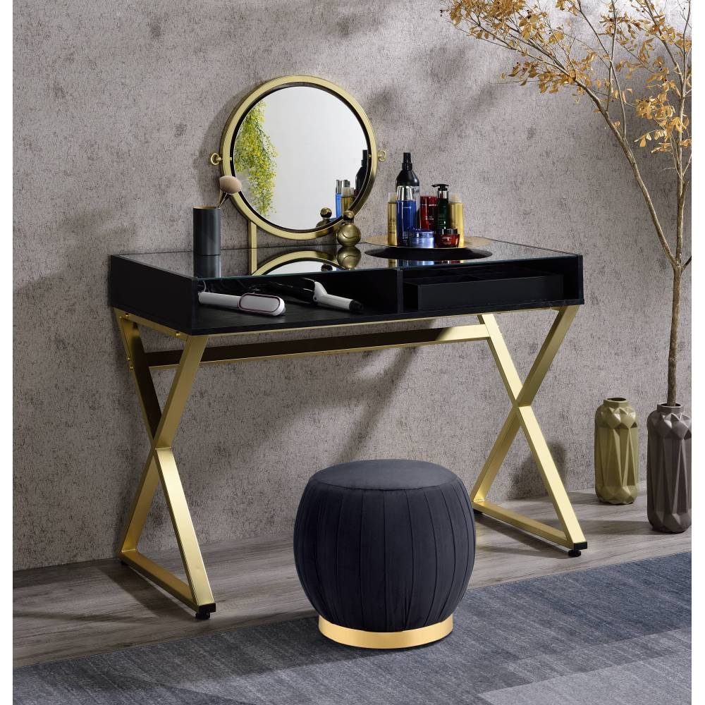 Coleen White & Gold Finish Vanity Desk W/Mirror & Jewelry Tray