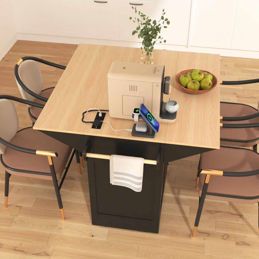 K&K 55.7'' Large Kitchen Island with 2 Drop Leaf,, Rolling Kitchen Cart on 5 Wheels with Power Outlet, Folding Storage Dining Table with Spice & Towel Rack , 3 Drawers, for Kitchen, Dining Room,Black