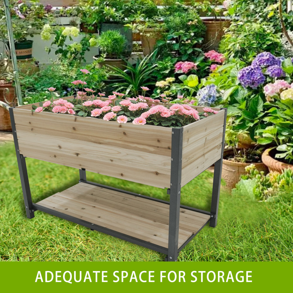 New style: 45" Iron-wood combined growing beds with feet and storage racks. Suitable for various places such as gardens, backyards, terraces, balconies, etc.