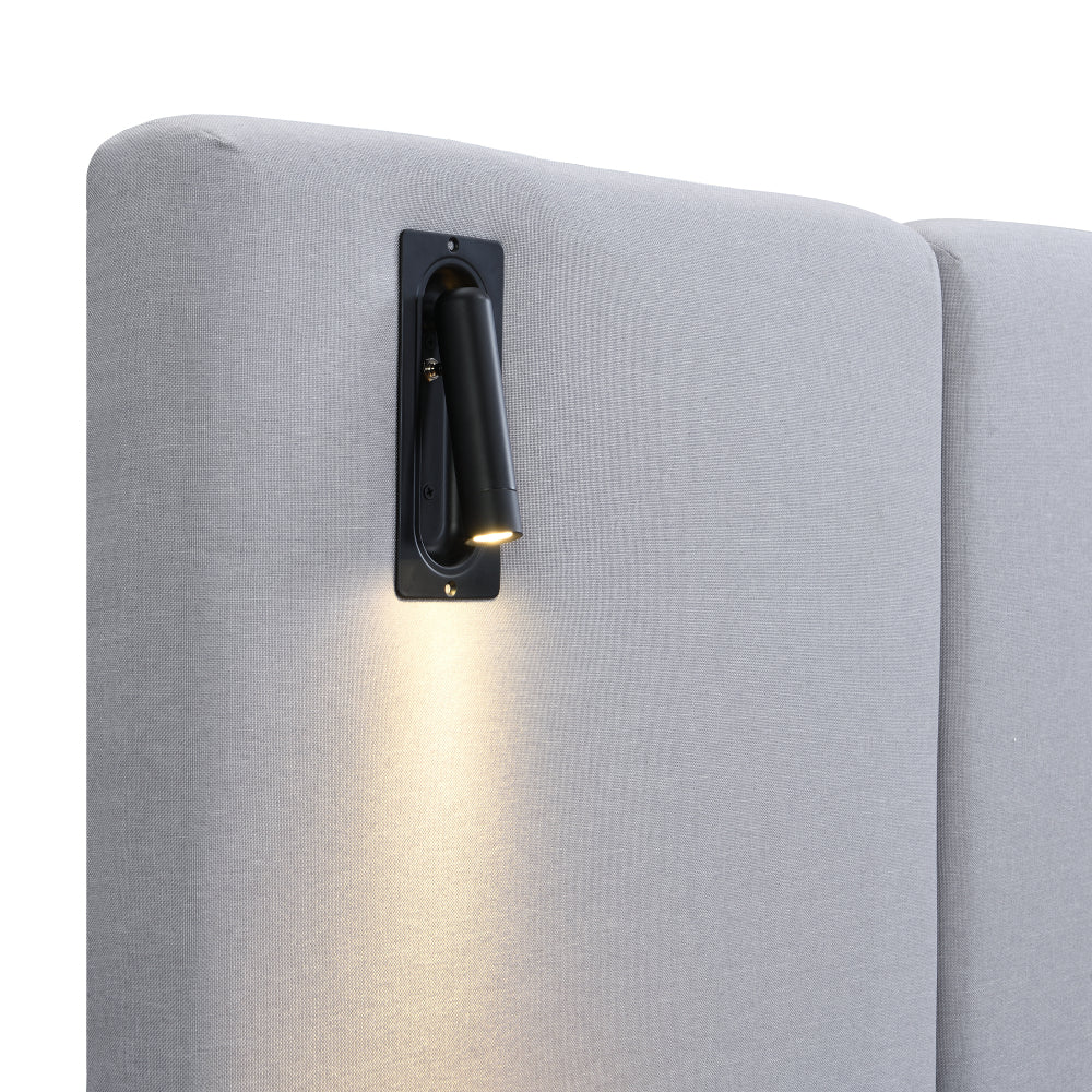 Chic Linen Upholstered Bed with Integrated Lights and Shelves, Grey, Queen
