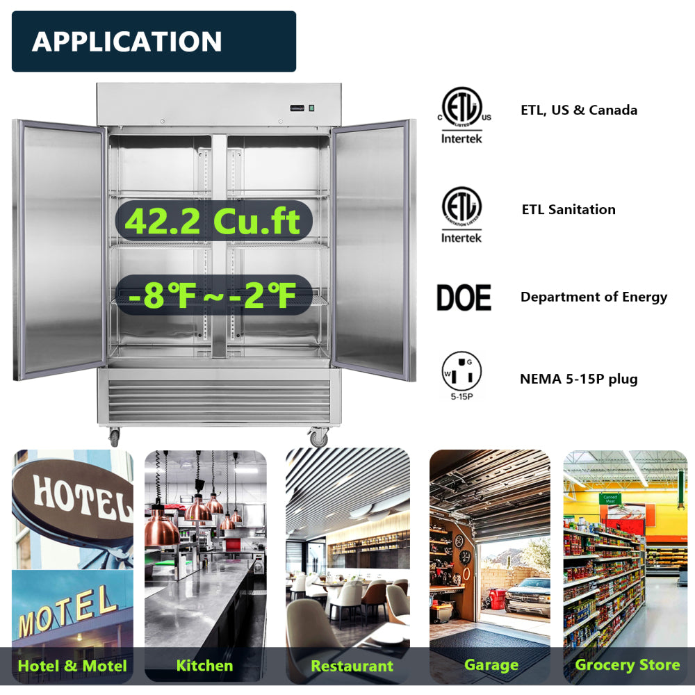 54"W Commercial Freezer 2 Section 2 Solid Door Stainless Steel Interior and Exterior Construction Reach-in Freezer 42.2 Cu.ft. Upright Fan Cooling Freezer for Restaurants and Commercial Environments