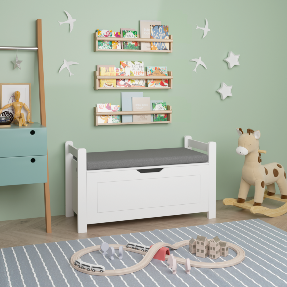 Kids Toy Box Chest, White Toy Box for Boys Girls, Large Storage Cabinet with Cushion Seat Bench/Flip-Top Lid/Safety Hinge, Toy Storage Organizer Trunk for Nursery, Playroom