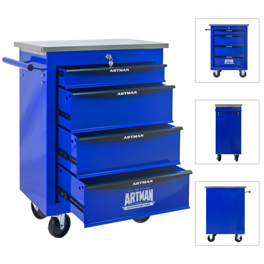 4 Drawers Multifunctional Tool Cart with Wheels,Metal Rolling Tool Cart Storage for Garage Workshop Warehouse Repair Shop--With Stainless Steel Roof- BLACK&BLUE