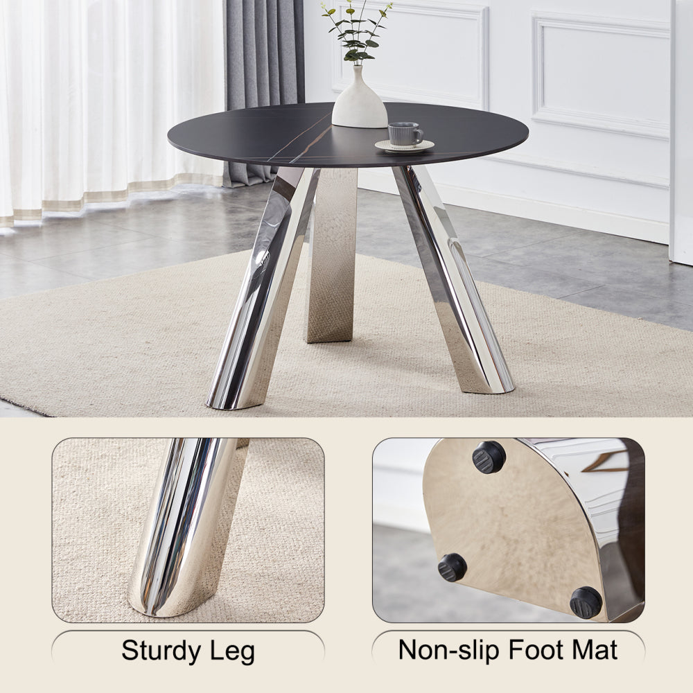 42-inch Sintered Stone Dining Table and Chair Set Mirror-polished Stainless Steel Base 4 Black PU Chairs Modern Luxury Round Dining Table Series