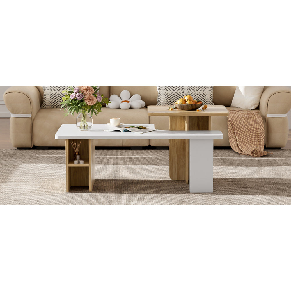 U-Can Set of 2 Nesting Coffee Tables Farmhouse,Rectangle Coffee Table Living Room,Wood Finish Coffee Table Set, Small Coffee Tables, Sofa Side Table for Living Room
