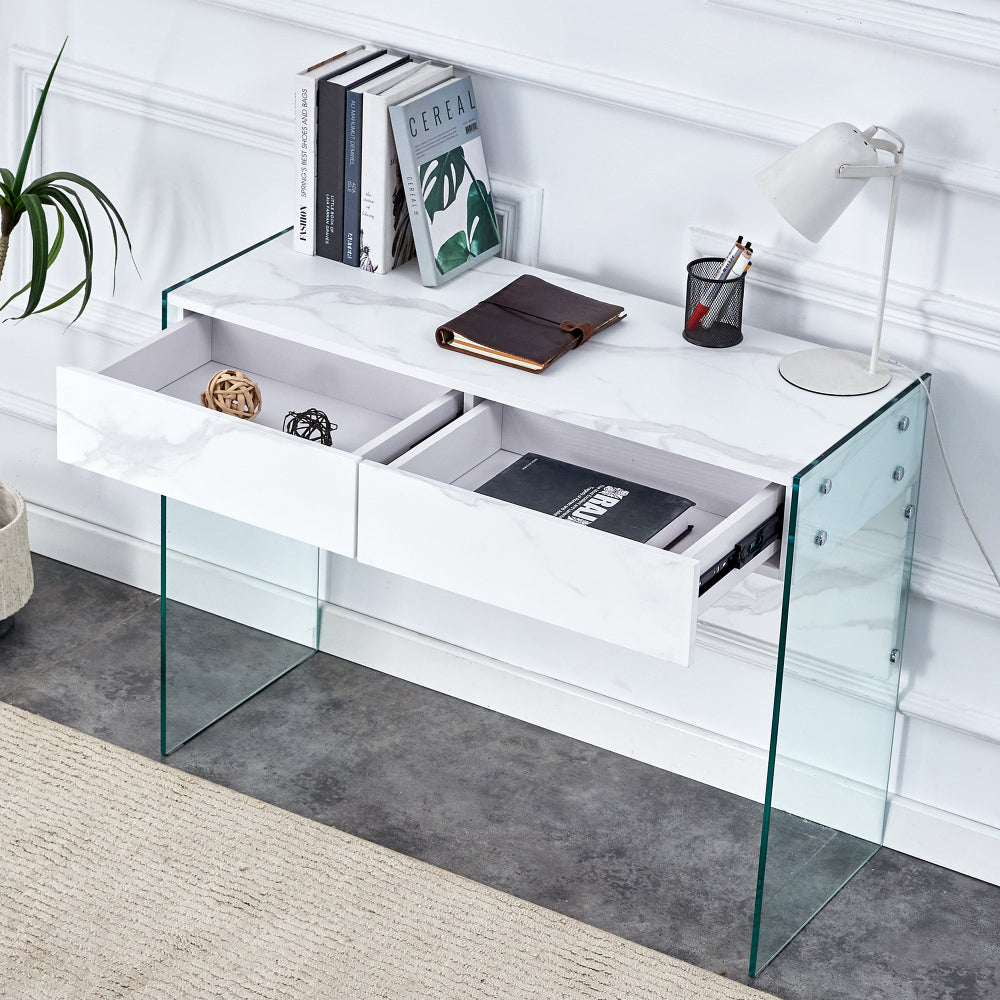 White environmental protection MDF minimalist dresser, desk, desktop computer desk, with double drawer storage space, simple home, perfect for various styles of home environment.