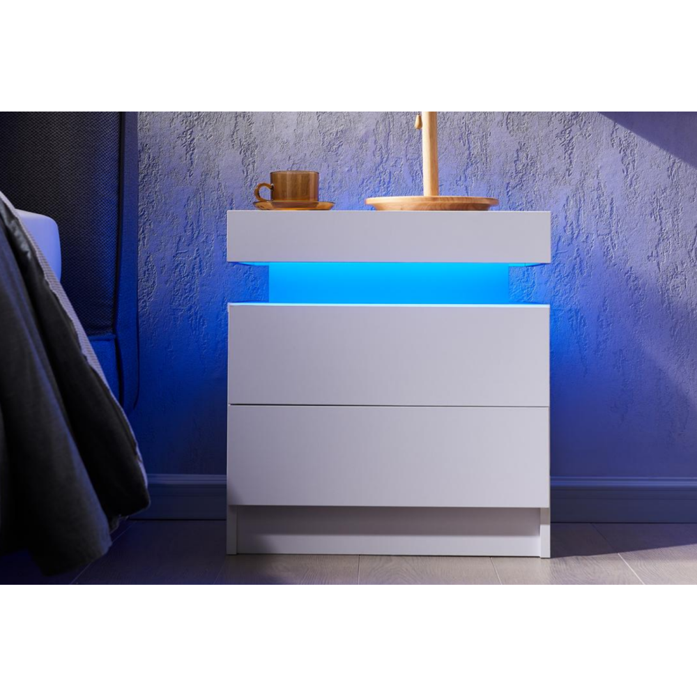 Nightstand LED Bedside Table Cabinet Lights Modern End Side with 2 Drawers for Bedroom (White)