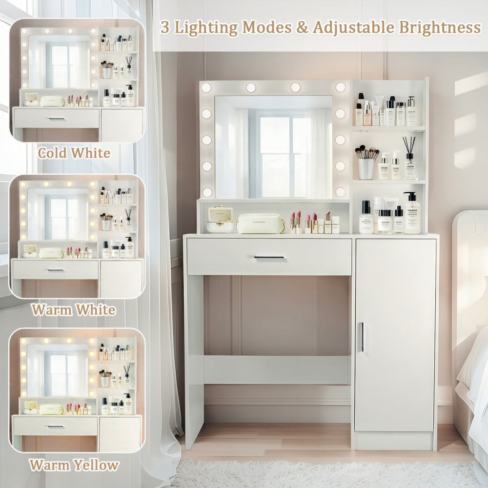 Vanity Desk with Mirror and Lights, Makeup Vanity with Drawer & Storage Cabinet, 3 Lighting Modes Adjustable Brightness, Dressing Table with Open Shelves for Bedroom, Dressing Room, White