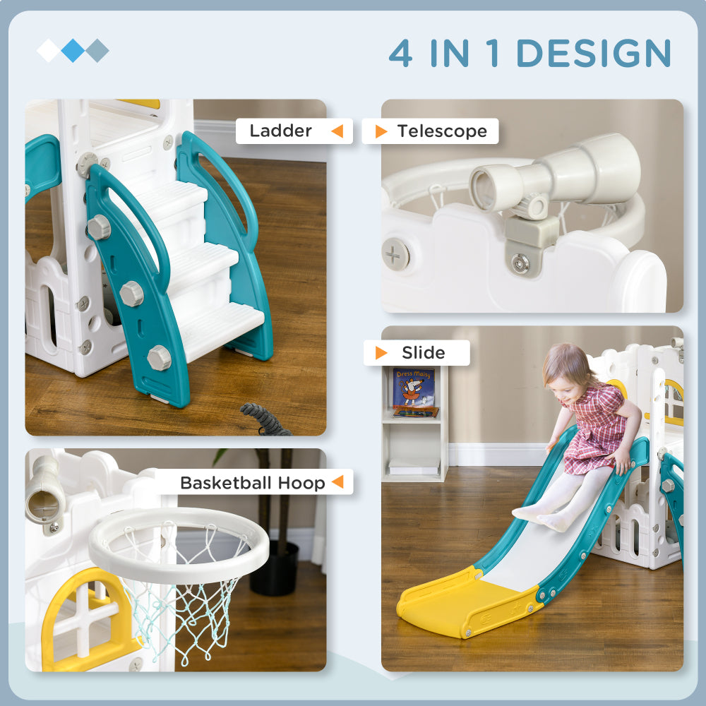 Qaba 5 in 1 Toddler Slide, Indoor Kids Slide Playset for 1-3 Years Olds with Basketball Hoop, Climber, Telescope & Storage Basket, Yellow