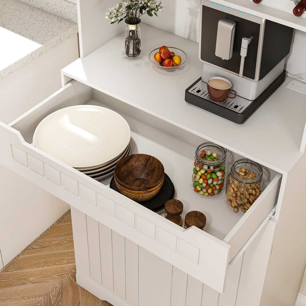 White Buffet Cabinet with Hutch - Modern Farmhouse Kitchen Storage Sideboard with 2 Drawers & Barn Doors, Coffee Bar Station or Liquor Cabinet for Dining Room, Living Room