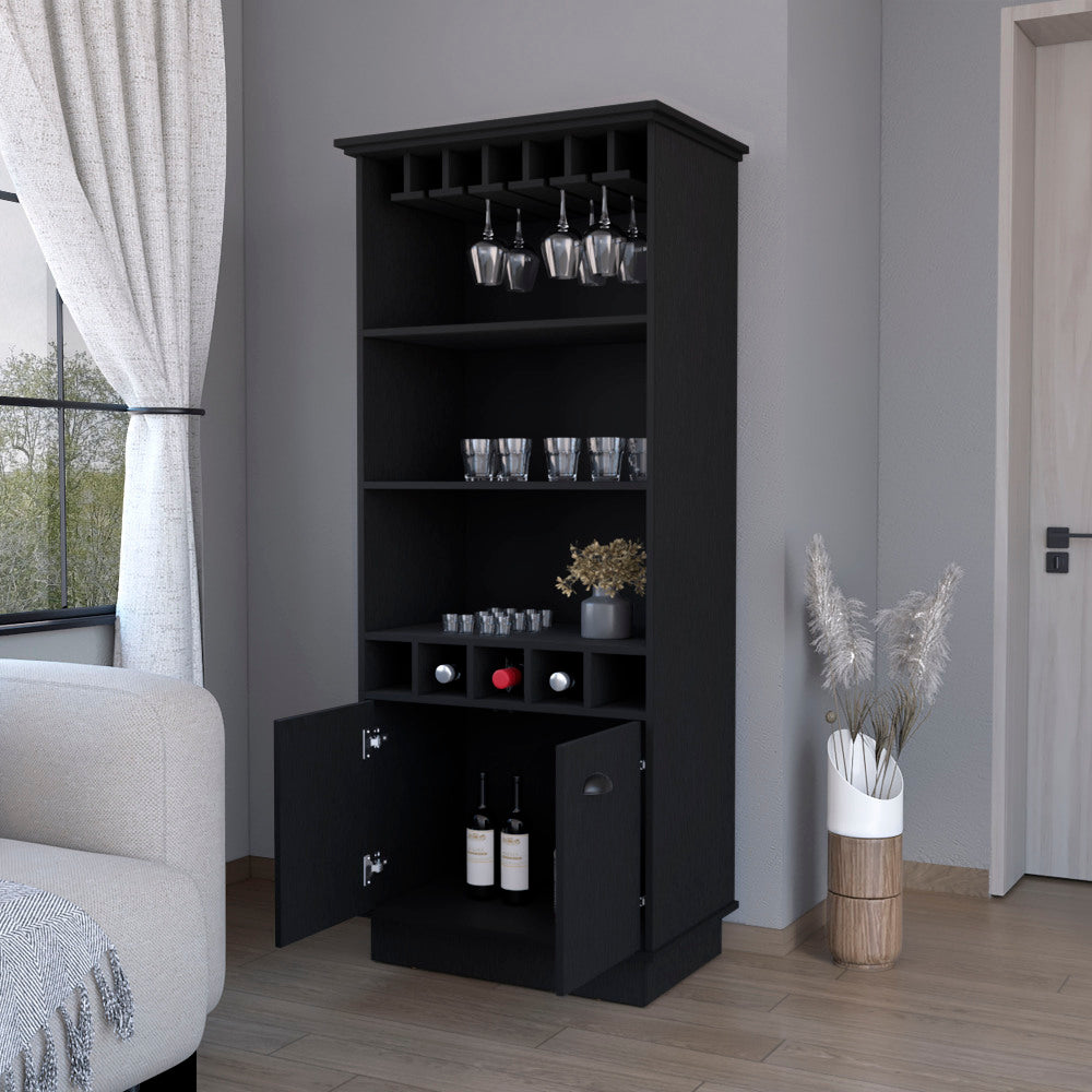 FM FURNITURE Sophia Bar Cabinet with Glassware Rack and Five Bottle Racks, Black