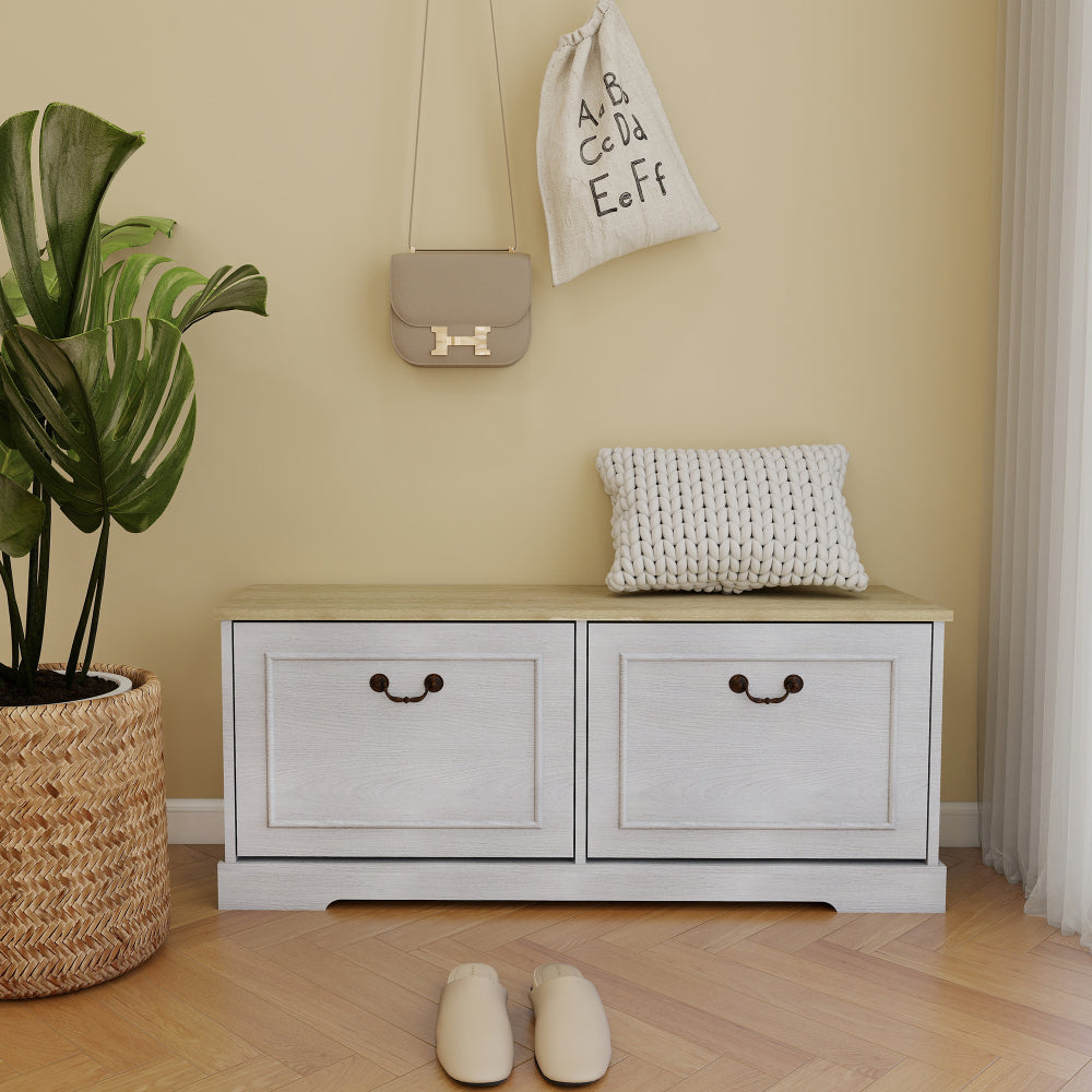 Shoe Storage Bench with 1 Flip Drawer and Adjustable Shelf, Small Shoe Cabinet for Entryway, Hallway, Bedroom-Antique White