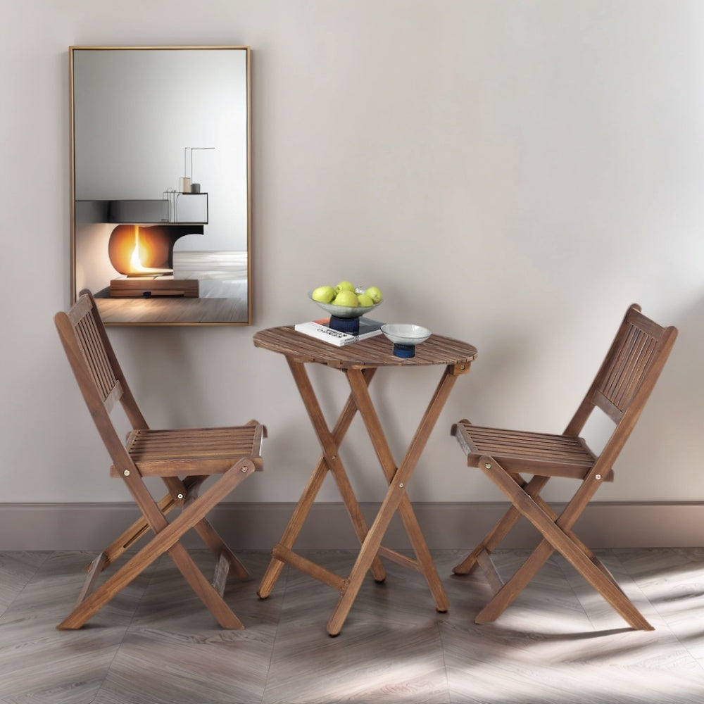3-Piece Acacia Wood Bistro Set, Wooden Folding Patio Furniture for Garden Backyard Balcony Porch w/ 1 Coffee Table and 2 Foldable Chairs, Natural Stained
