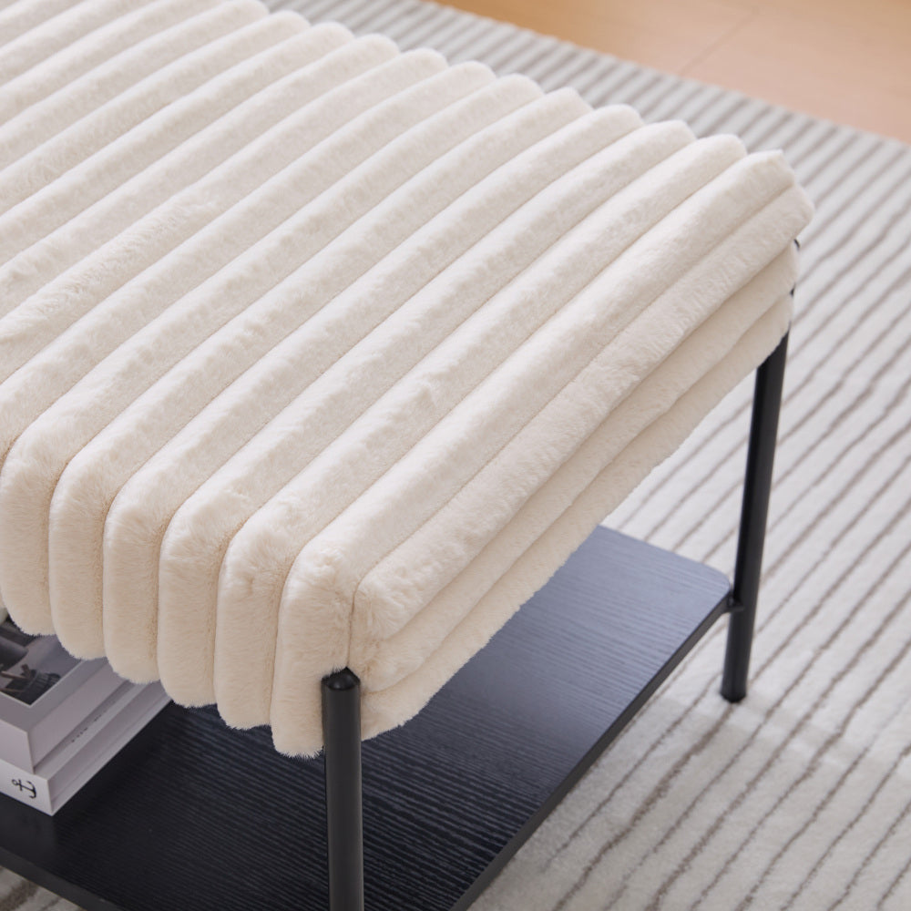 30.7"Wide Upholstered Ottoman Coffee Table Foot Rest with Black Metal Legs,Footstool with Wooden Open Storage Shelf, Faux Fur Foot Stool for Living Room Bedroom Entryway Hotel. Beige