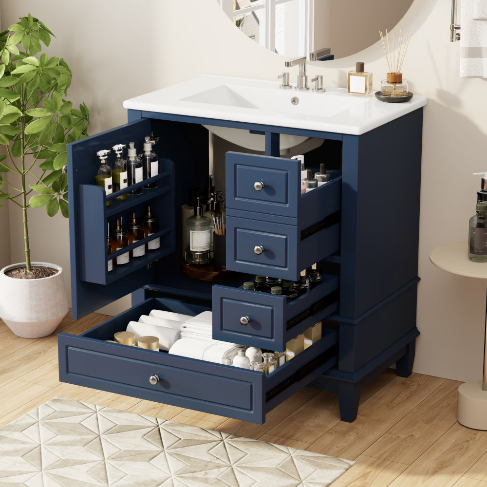 30" Bathroom Vanity with Sink, One Door with Shelf and Three Drawers, Soft Close Door, Black