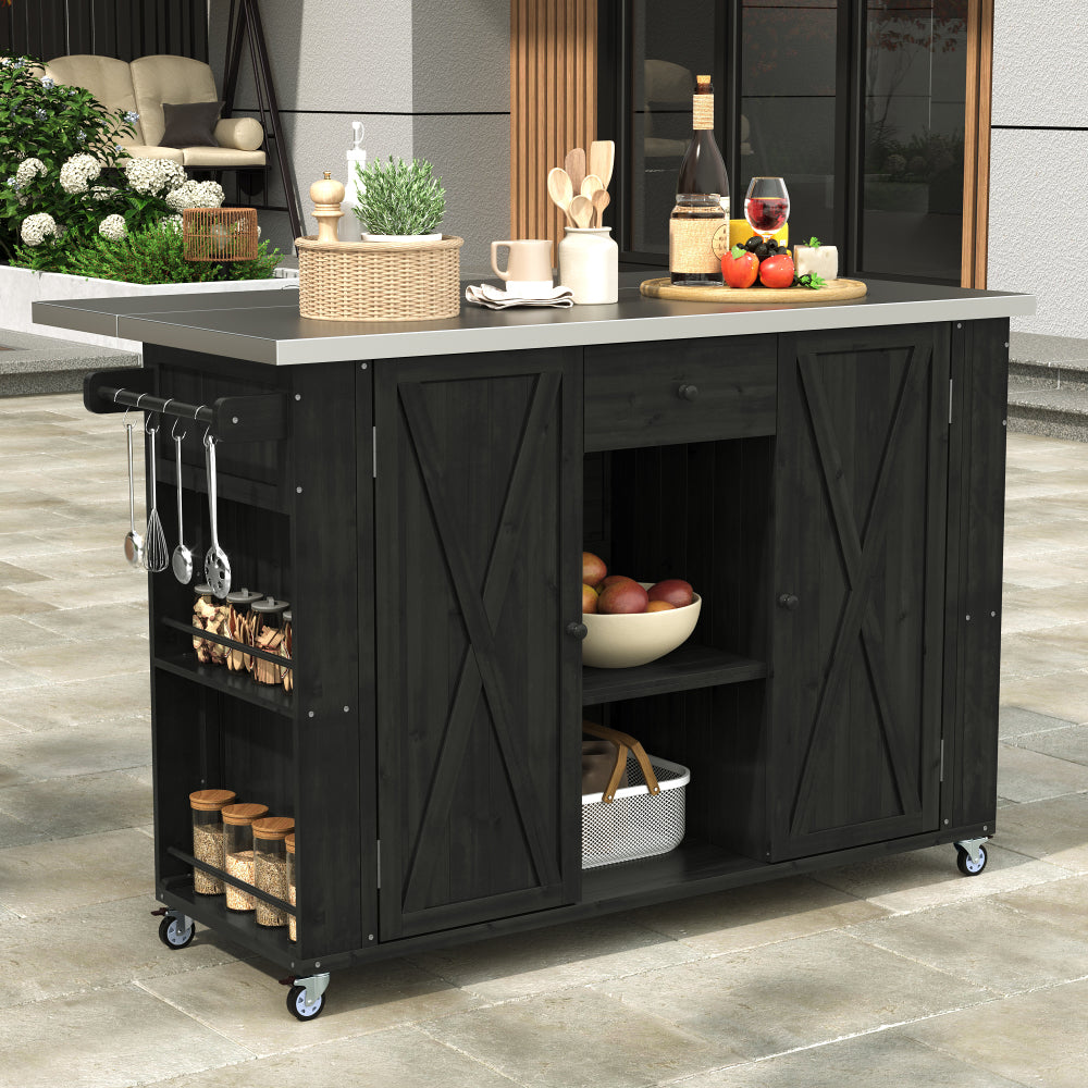 Outdoor Kitchen Island Fir Wood Kitchen Island with Stainless Steel Top, Ample Storage Space, Towel and Spice Racks and a Bottle Opener for Outdoor, Natural