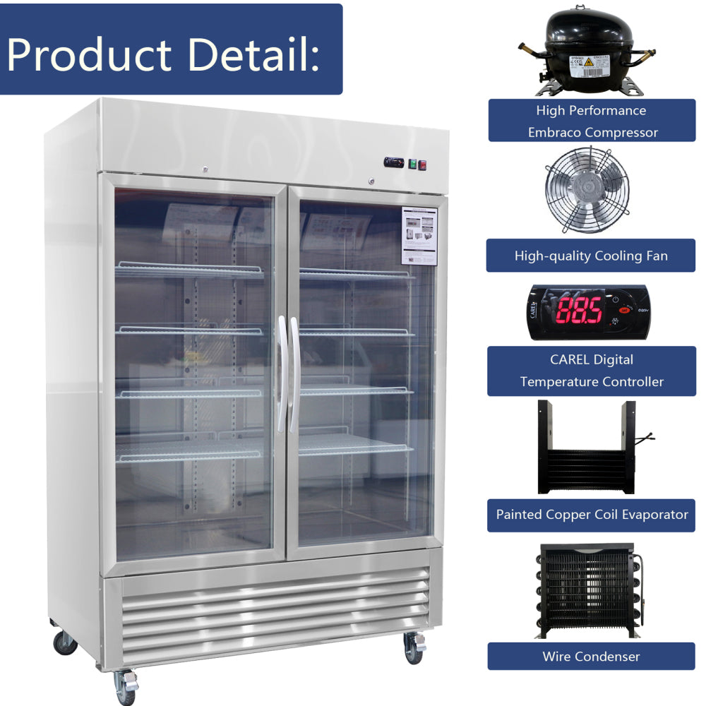 54"W Commercial Refrigerator 2 Glass Door Stainless Steel Interior and Exterior Construction Display Refrigerator 42.2 Cu.ft. Reach-in Merchandising Refrigerator Upright Fan Cooling Merchandiser