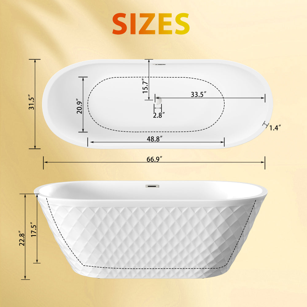 67'' acrylic freestanding bathtub with unique diamond pattern design: spacious oval shape, Gloss white finish, Chrome overflow and pop-up drain CUPC Certificate