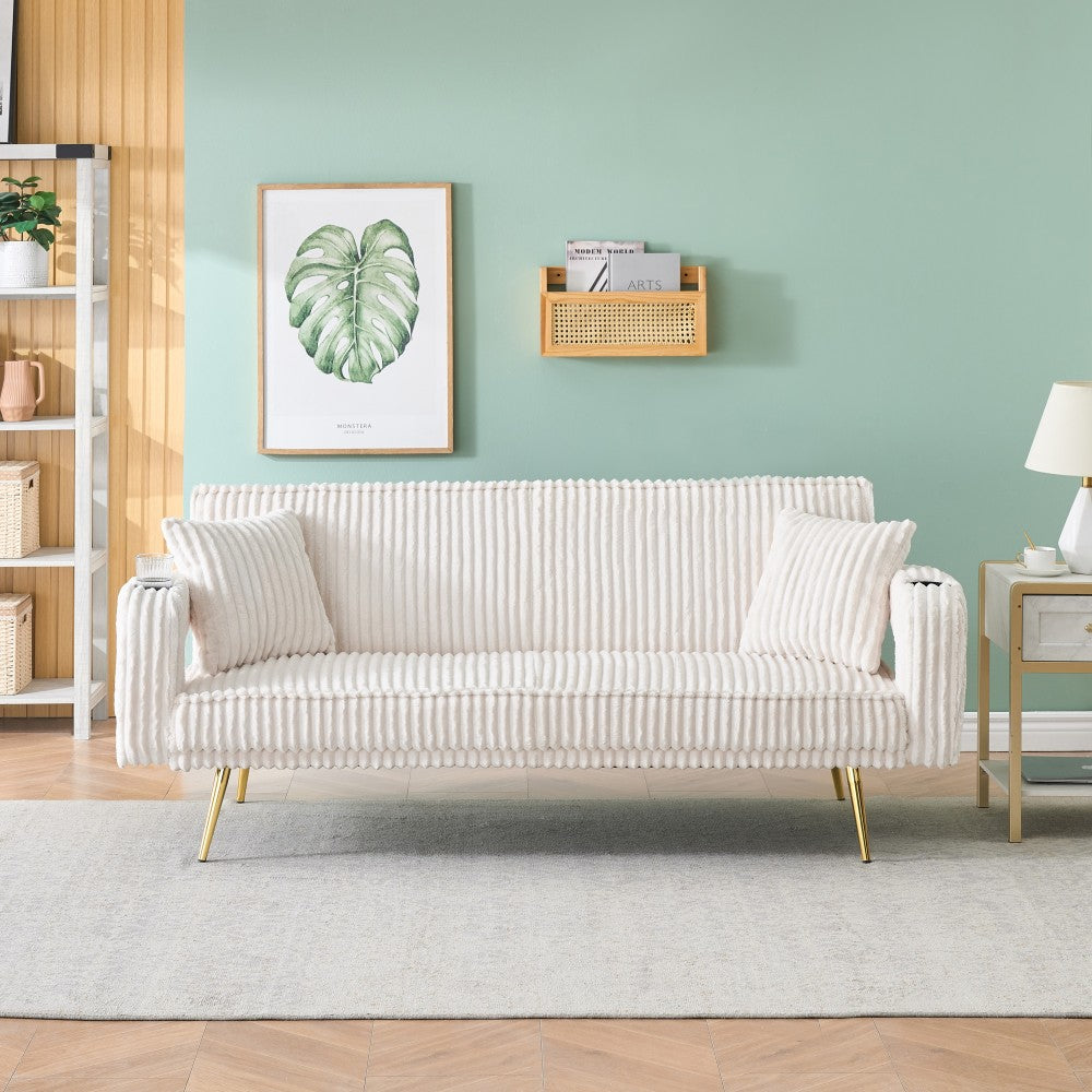The straight-row white corduroy sofa with throw pillows, featuring a minimalist style, is suitable for the living room and study