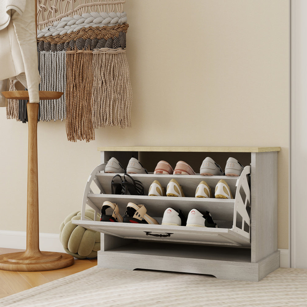 Shoe Storage Bench with 1 Flip Drawer and Adjustable Shelf, Small Shoe Cabinet for Entryway, Hallway, Bedroom-Antique White