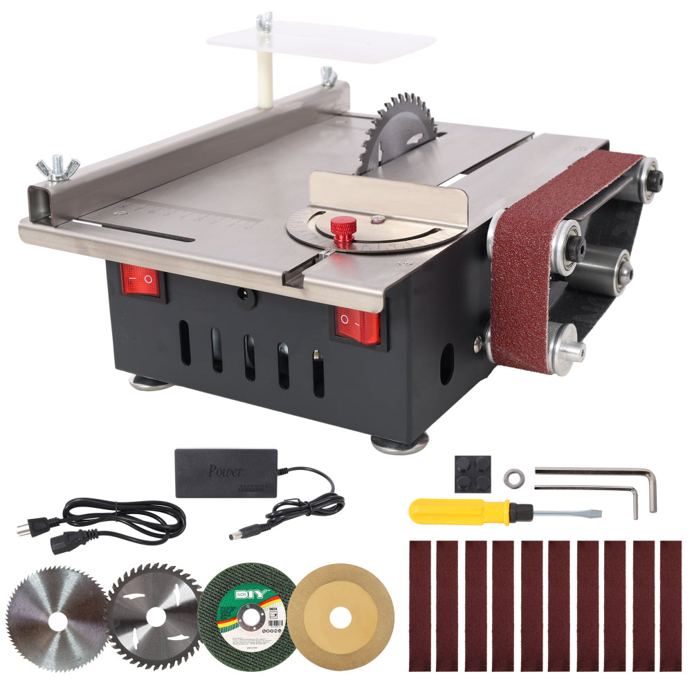 Mini Table Saw,Belt Sander,4pcs Blades,10pcs Sanding Blet,7 Gear Adjustable 0-90° Angle, Available for Wood/PCB/Acrylic/Plastic,DIY Model Crafts Cutting Tool