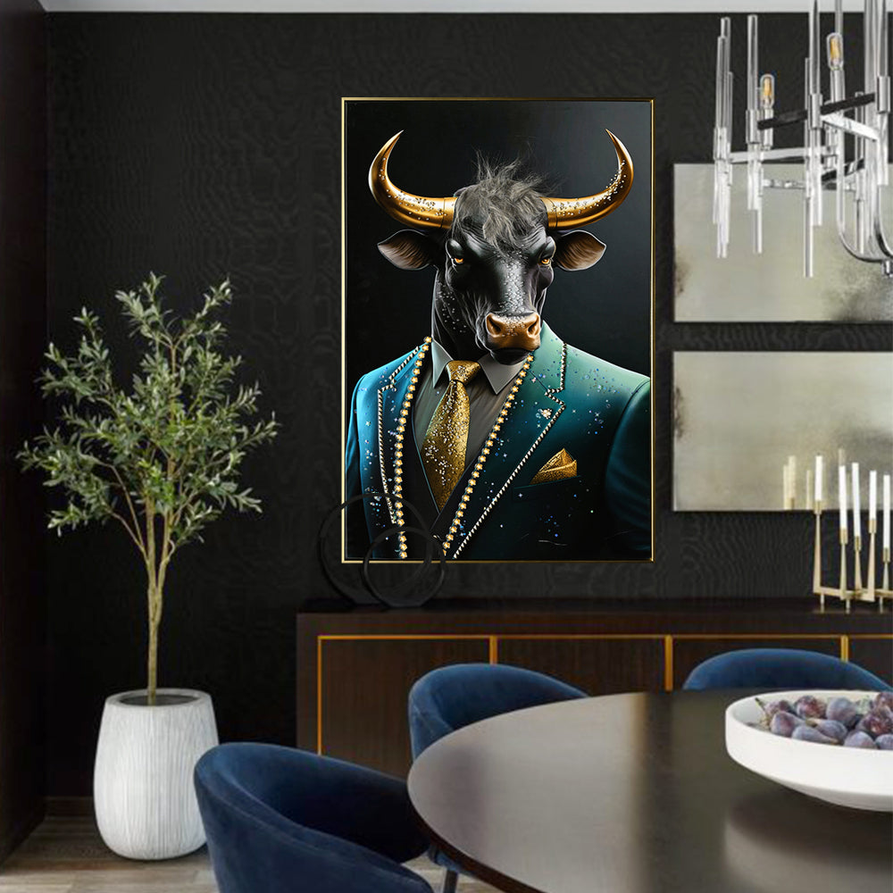 Executive Blue Buffalo Canvas Wall Art - Dapper Animal Portrait in Tailored Suit Modern British Humour Home Decor Premium Gallery Wrapped Artwork for Office Lounge Study Room decorative picture