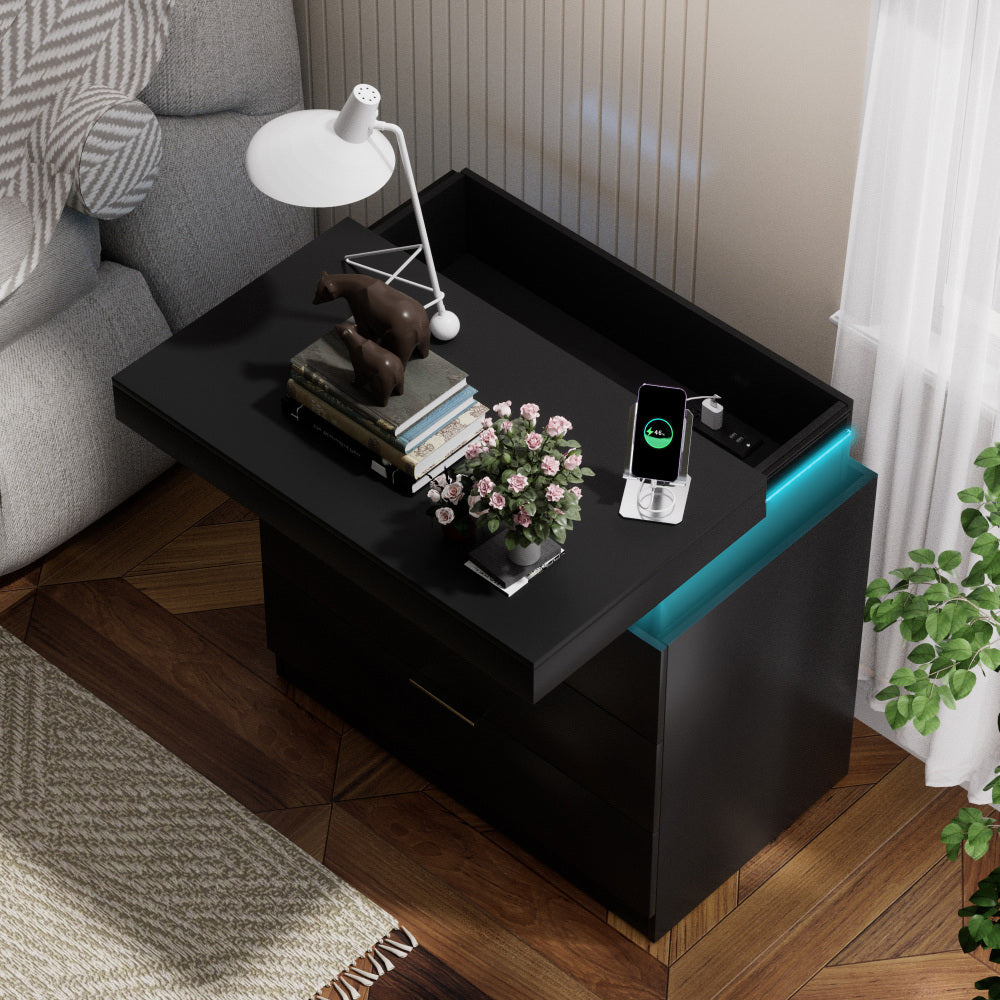 Nightstand with Charging Station and LED Lights,Night Stand with Sliding Top for Bedroom,Bedside Table with Drawers,Modern End Side Table,Black.28.8''W x 17''D x 30.5''H.
