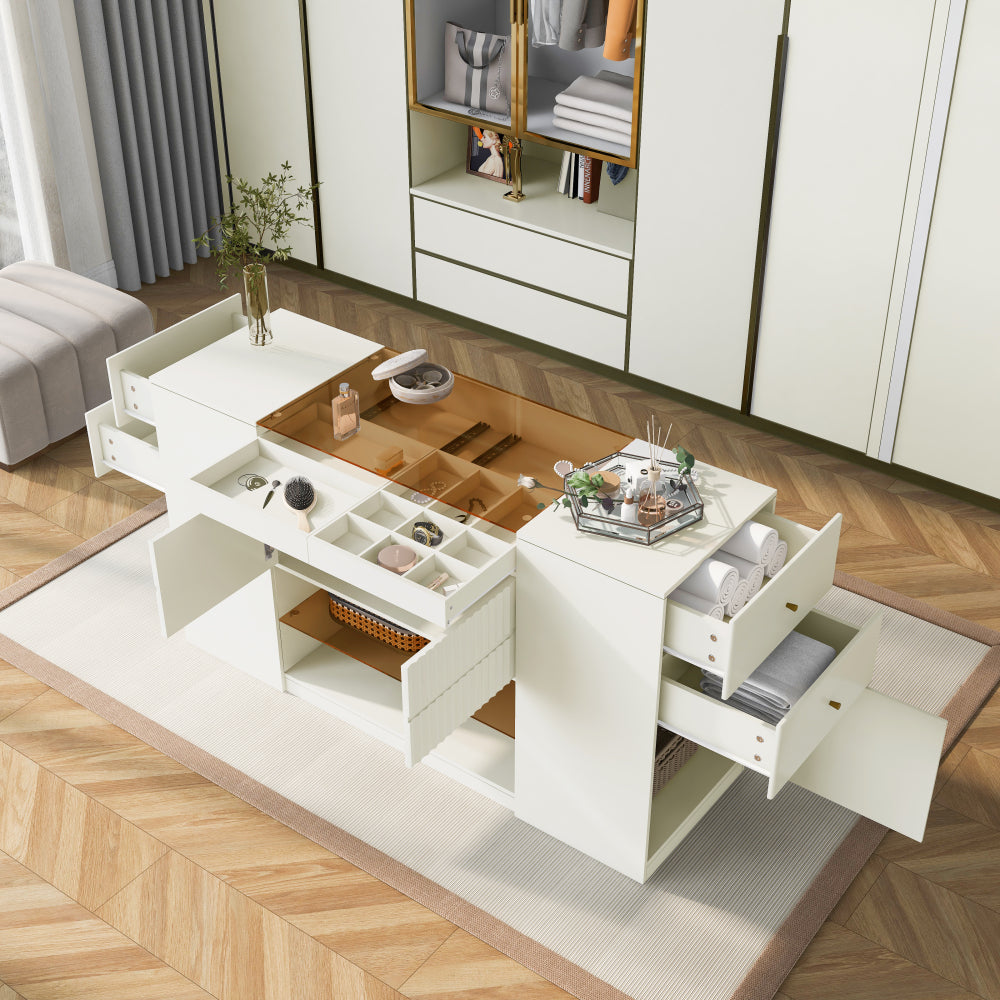 Modern Luxury Multi-Functional Island Vanity Dresser and Storage Cabinet with Glass Tabletop, Display Cabinet, 6 Drawers for Walk-in-Wardrobe and Bedroom