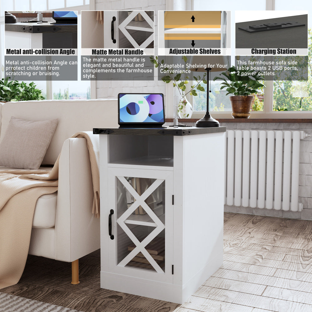 Farmhouse End Table with Charging Station, 15.4'' Rustic Nightstand with Barn Door & Adjustable Shelf, Wooden Sofa Side Table with 3-Tier Storage for Living Room, Bedroom, White