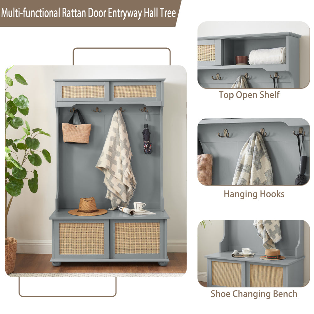 Clothes hanger Hall Tree Storage Bench Shoe Rack for Entryway, Hall Tree with Bench and Shoe Storage, Hall Tree Entryway Bench with Rattan Door Gray, 40.16"W*18.58"D*64.17"H