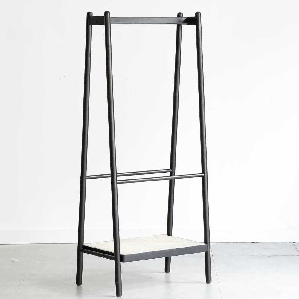 (Black) Solid Oak Wood Clothes Rack, Black Rattan Hanger Rack-clothes Rack with Shelves, Cloth Hanger Standing Garment Racks for Hanging Clothes