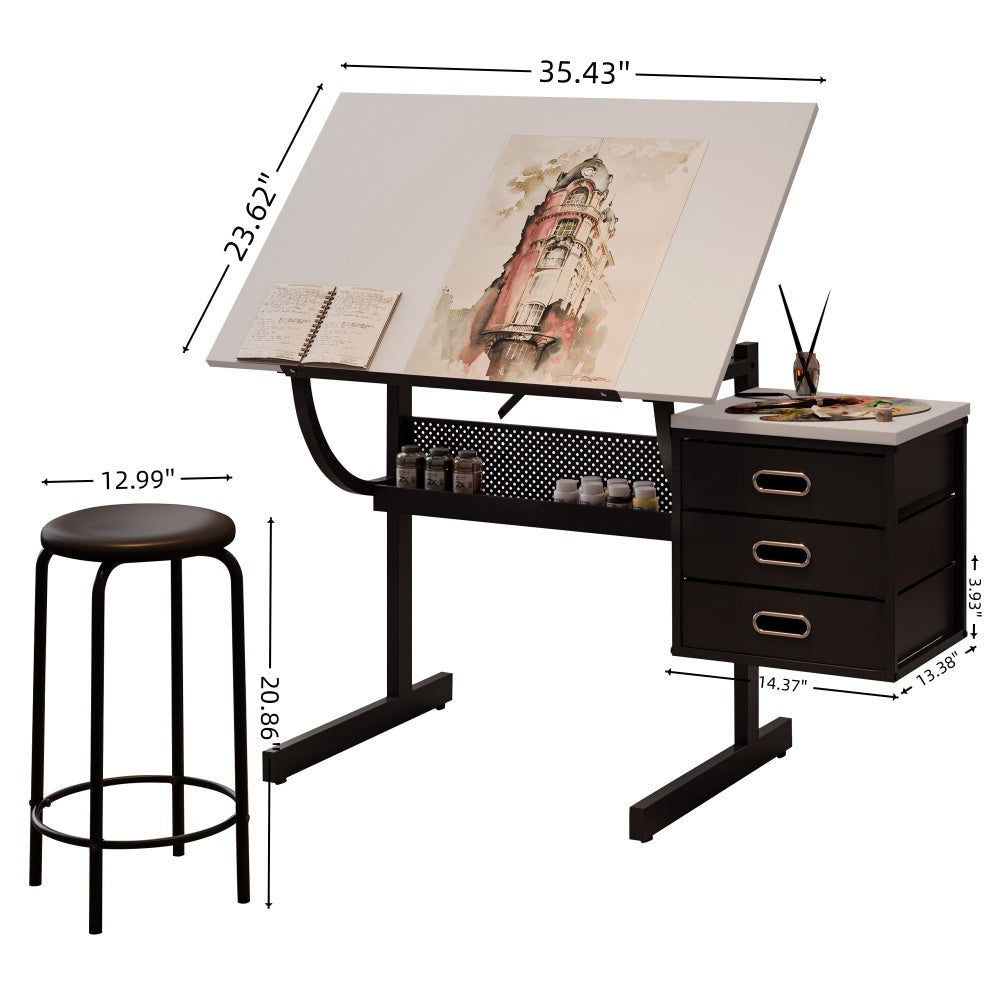 White adjustable drafting drawing table with stool and 3 drawers