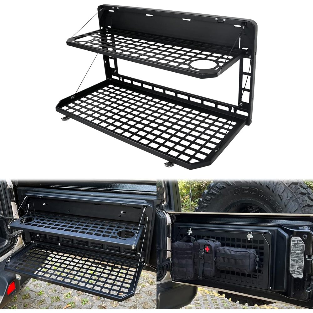 2-Tier Tailgate Table Rear Foldable Storage Cargo Rack Outdoor Camping Desk for 2007-2022 Jeep Wrangler JK&JL 4 Door (Not Fit JK Models with Stock Subwoofer)