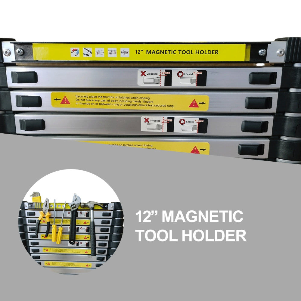 11.5 FT aluminum telescopic ladder, equipped with 360 ° rotatable stabilizer bar and metal tool suction magnetic strip, compact and portable anti slip folding ladder, multi-purpose telescopic ladder