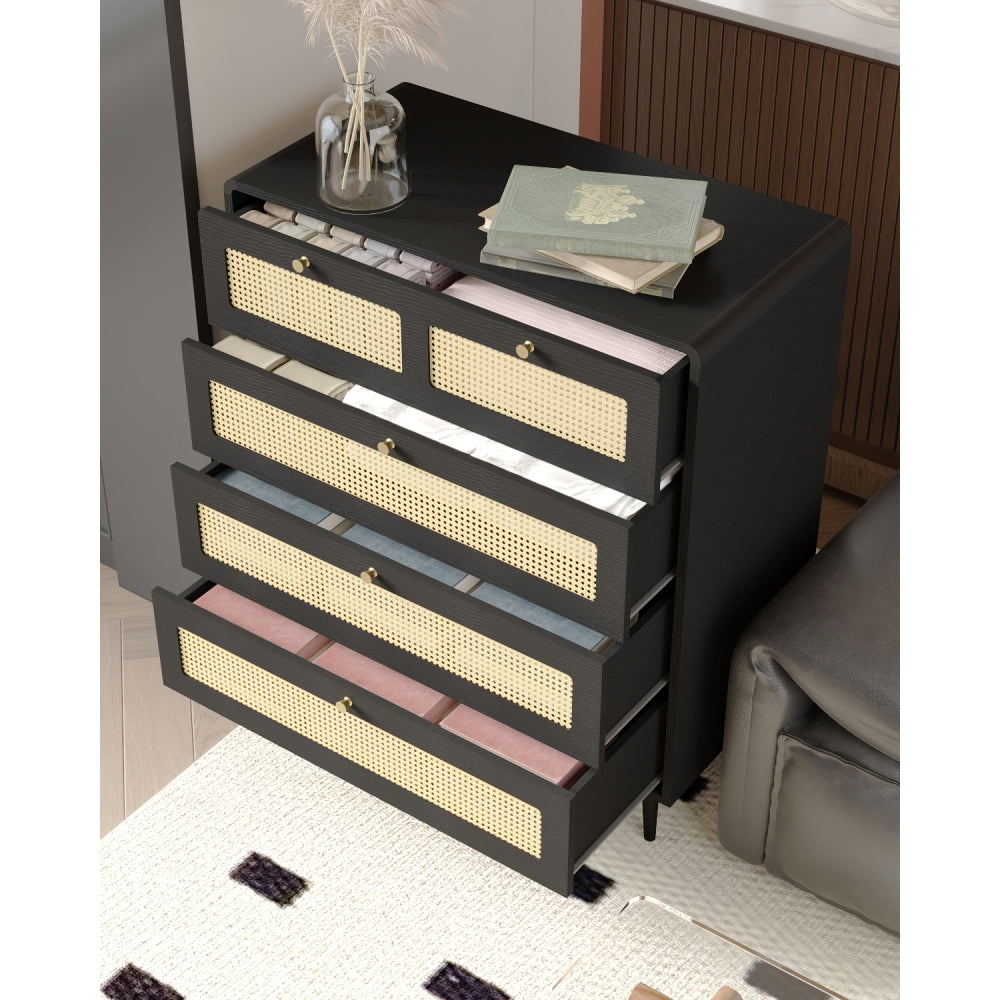 4 Drawer Dresser, Modern Rattan Dresser Chest with Wide Drawers and Metal Handles, Farmhouse Wood Storage Chest of Drawers for Bedroom, Living Room, Hallway, Entryway