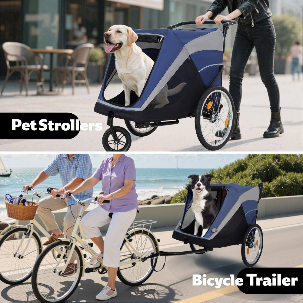 2-in-1 Bike Trailer & Push Cart for Pets - Detachable Bike Hitch & Push Handle Included - Quick Release Wheel, Internal Leash, Dual Cup Pockets and Underneath Storage Bag, Holds Pets Up to 88 lbs