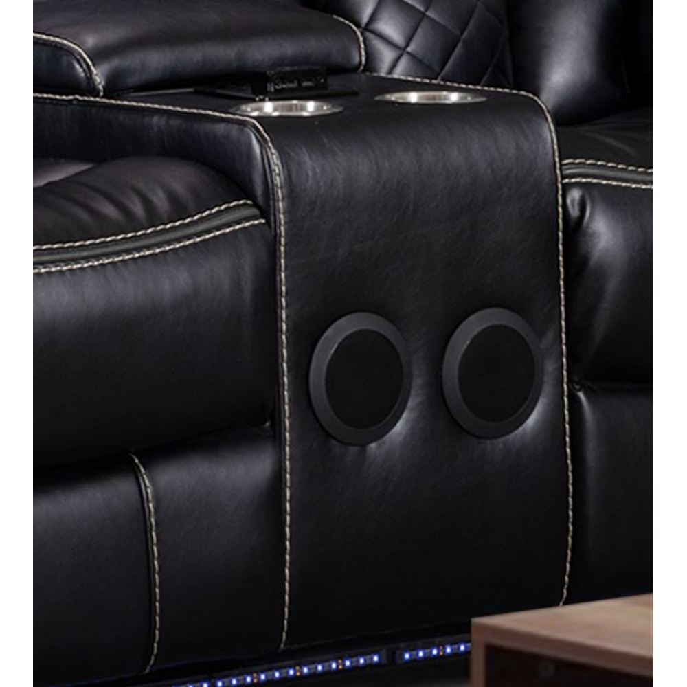 ENCORE BLACK LOVESEAT CONSOLE DUAL POWER SPEAKERS WIRELESS CHARGER & USB, LIGHT TAPE LEATHER GEL