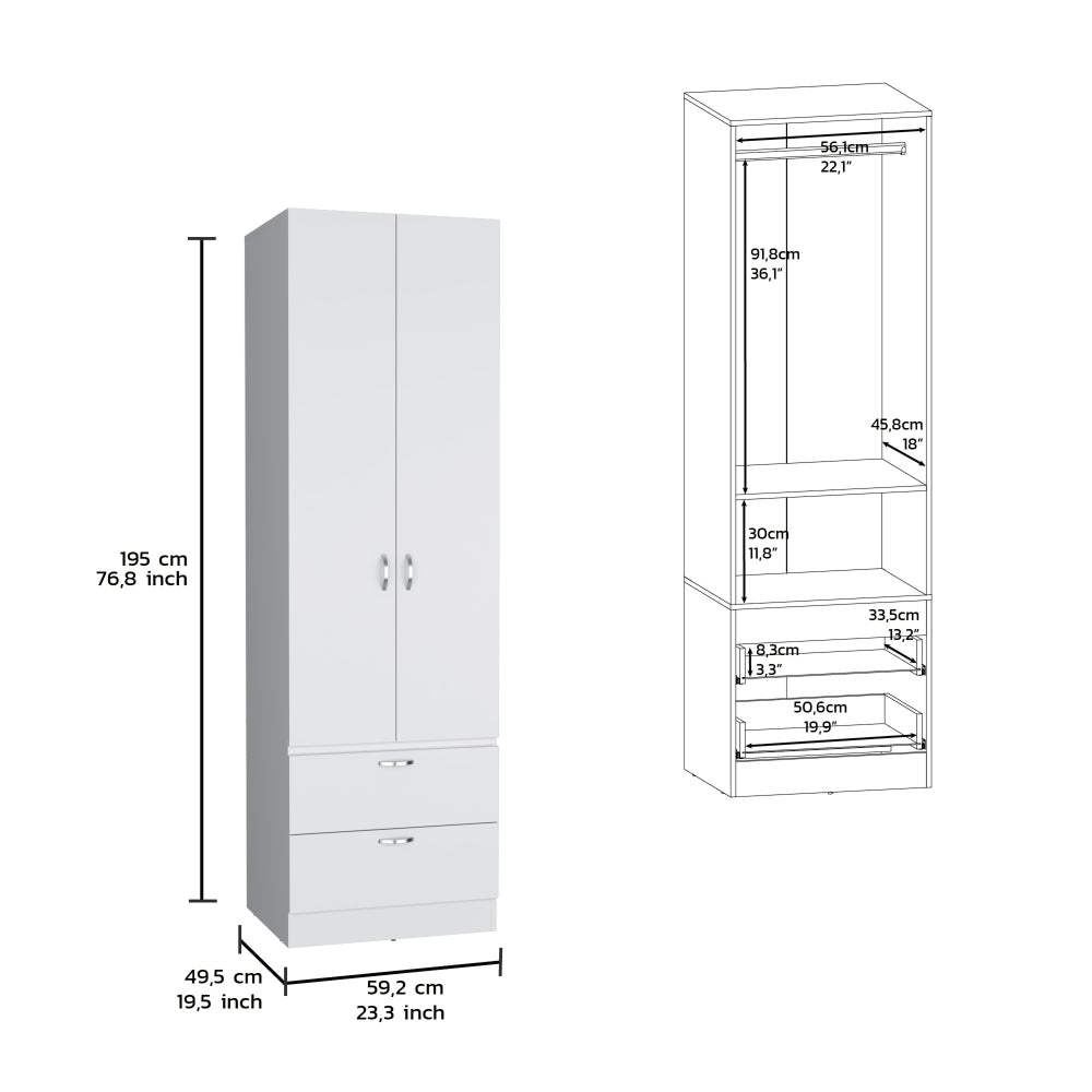 Armoire Wardrove 76" H, Hanging Rod, 2 Drawers, 1 Shelf, White