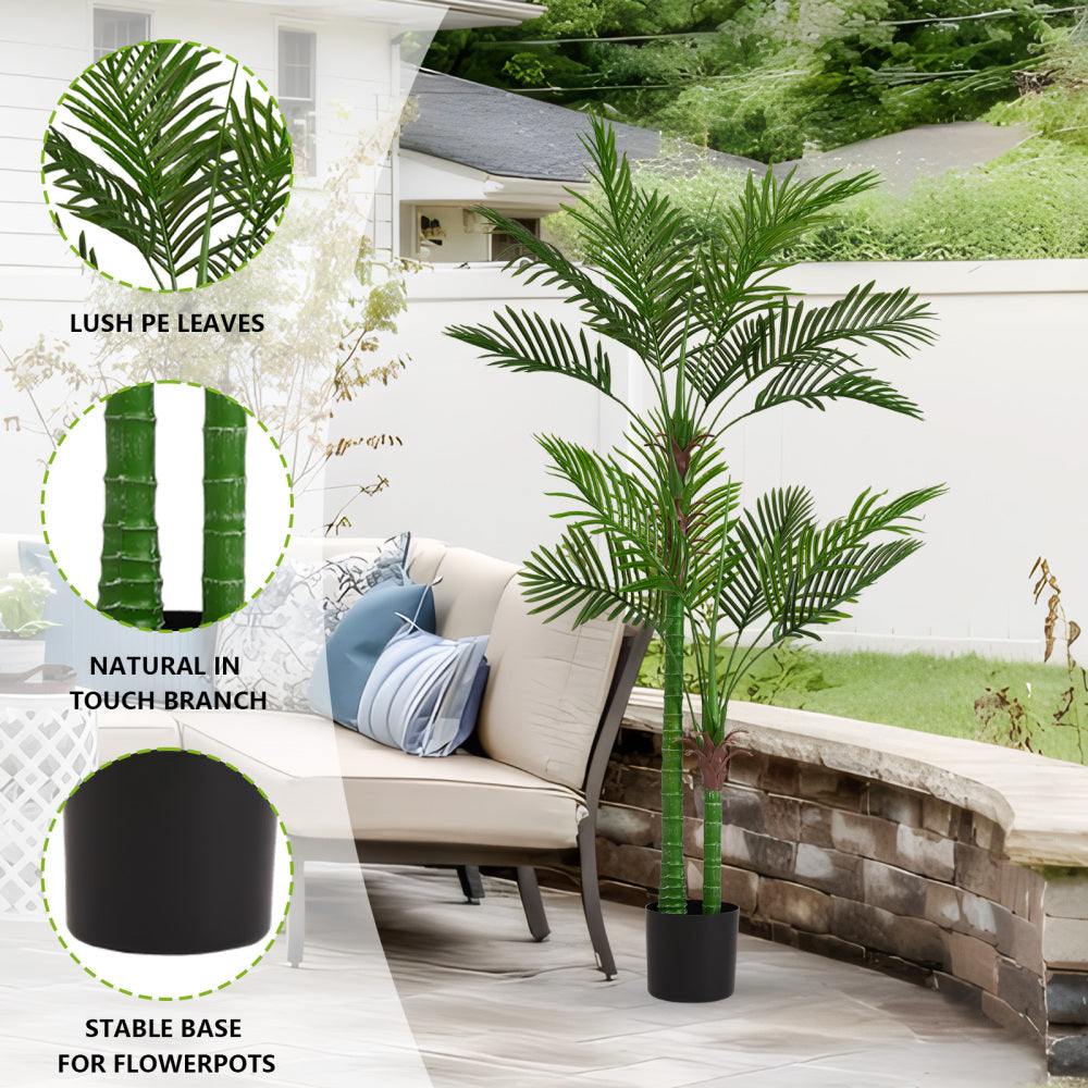 Artificial Golden Cane Palm Tree, 180cm Tall Faux Areca Palm Plant in Pot for Indoor or Outdoor Home and Office Decor, Adjustable Trunk, 1pc/set