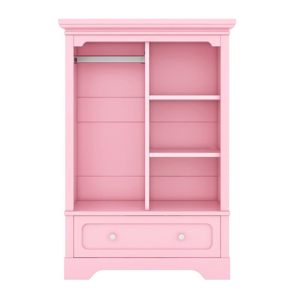 Open children's wardrobe with a hanging rod and open shelves, one large drawer, low design close to the ground for easy access,Pink.