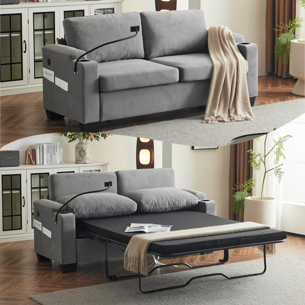 Pull-out sofa bed, chenille material, pull-out queen sofa bed, with USB charging, mobile phone holder, memory sofa, removable and washable cushions, suitable for living room, bedroom, apartment, white