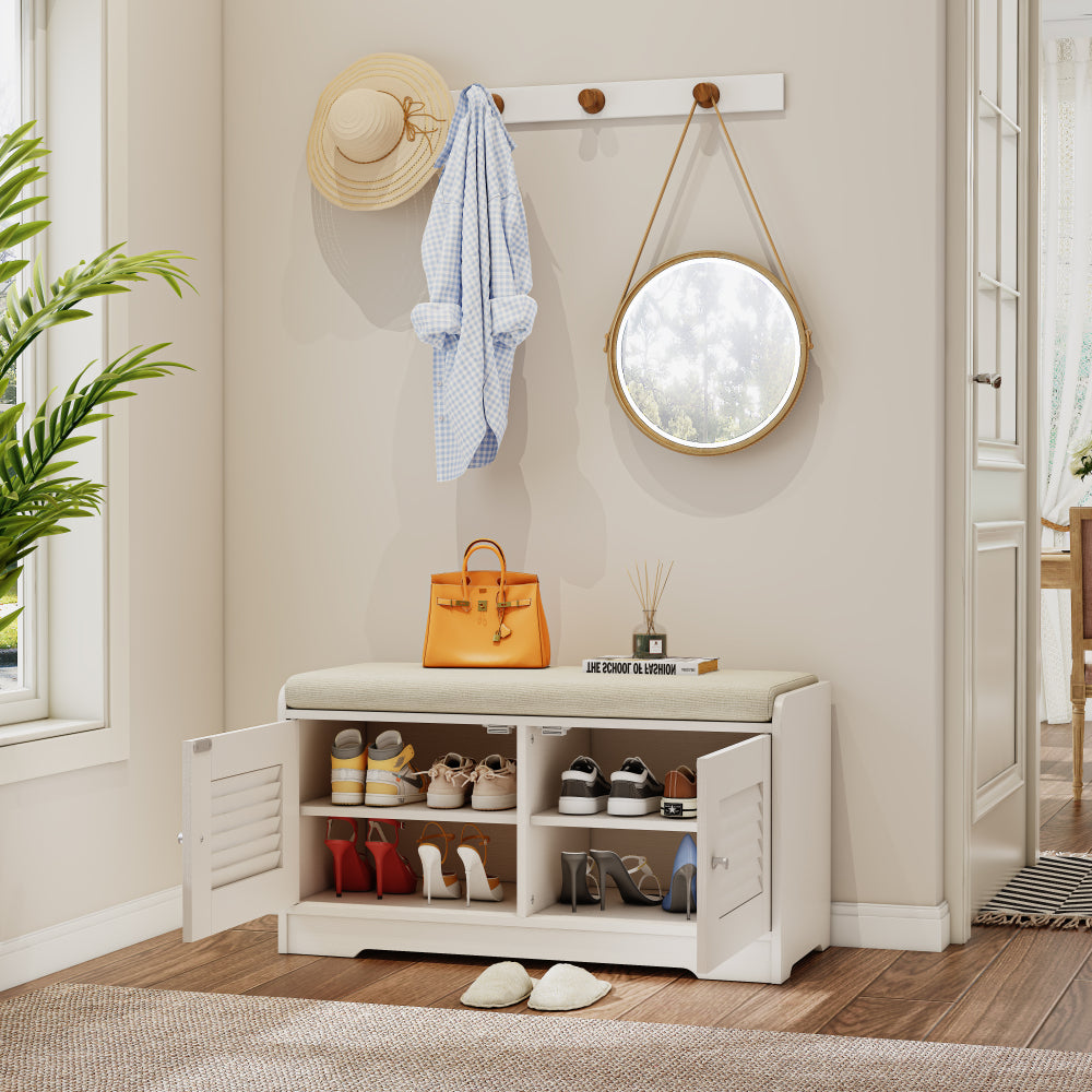 28.74"Shoe Storage Bench with 2 Door Cabinet, Entryway Bench with White Shoe Storage, Shoe Bench with Cushion, Adjustable Shelves, Shoe Rack Bench for Entryway, Hallway